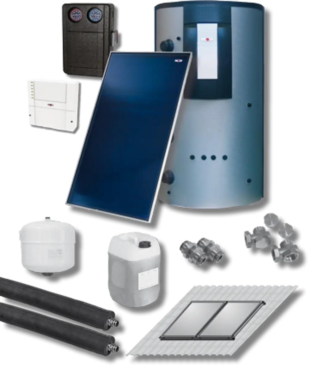Wolf Solaranlage mit Kollektoren, Speicher und Zubehörteilen, einschließlich Solarmodul und Rohrleitungen, auf neutralem Hintergrund dargestellt.